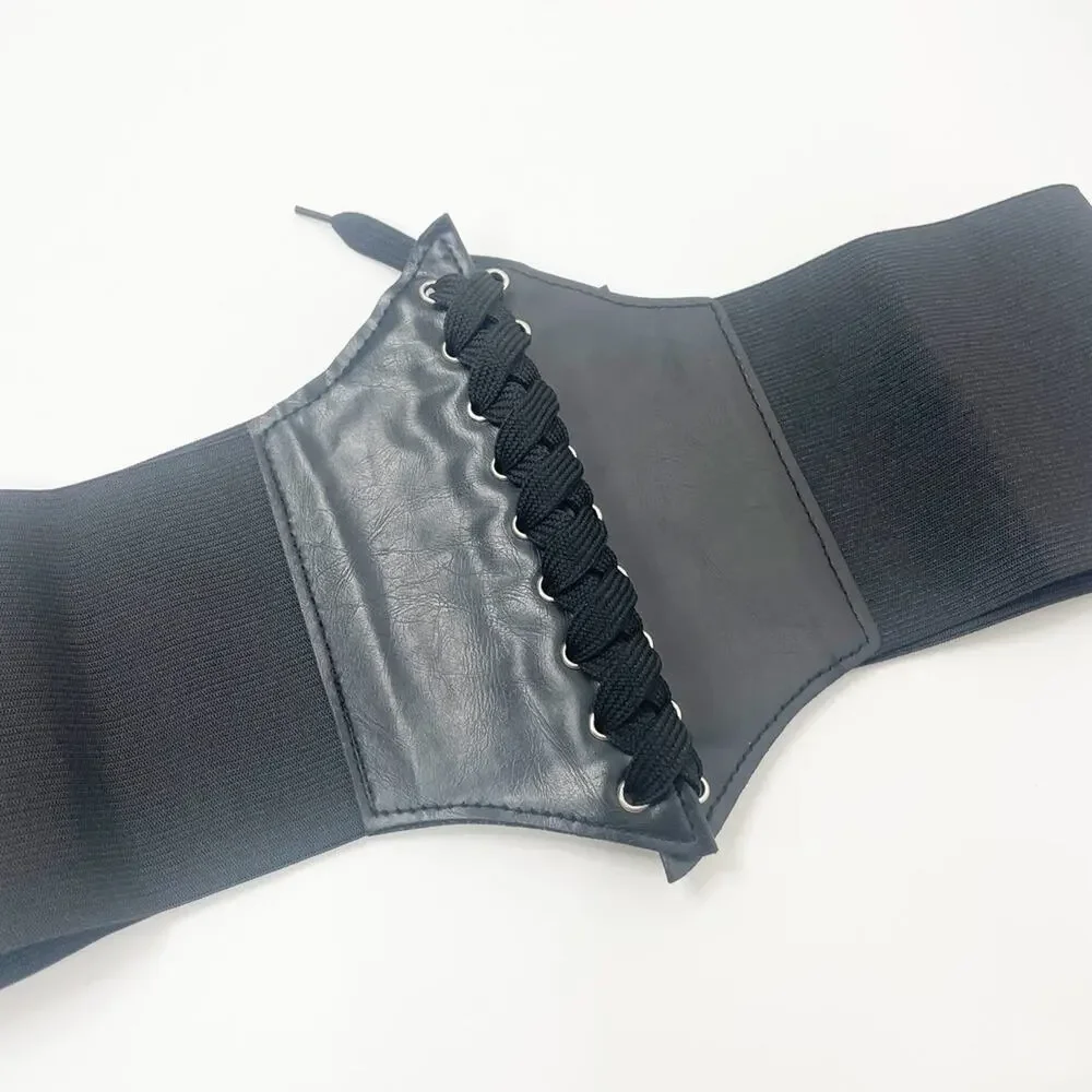 2/$30 NEW Faux Vegan Leather Lace Up Corset Belt Elastic Black (Size XL+)